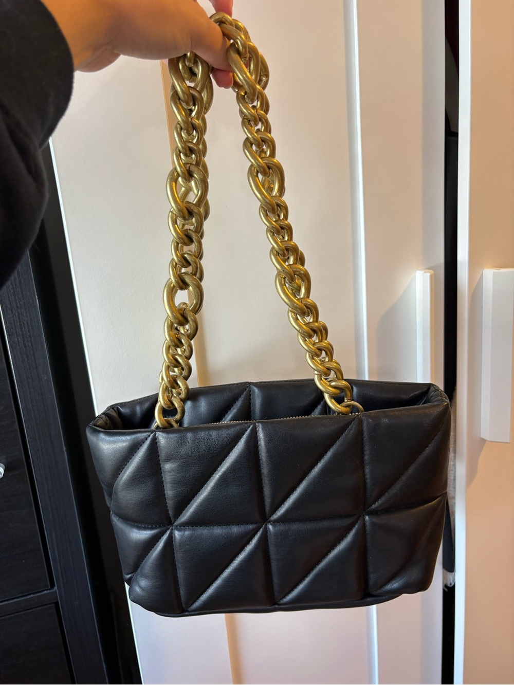 Zara Black Quilted Shoulder Bag with Gold Chain Strap